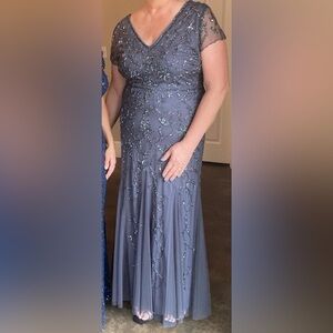 Mother of the bride gown in Gunmetal. Front and back V neck.